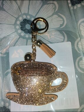 Sparkling Gold Coffee cup Keychain Bag Charm - Women Accessories
